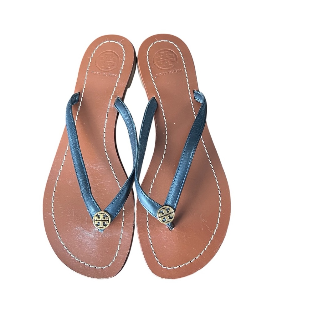 Tory Burch Terra  Black and Brown Leather Thong Sandals with Gold Logo Accent 8 - Picture 3 of 6